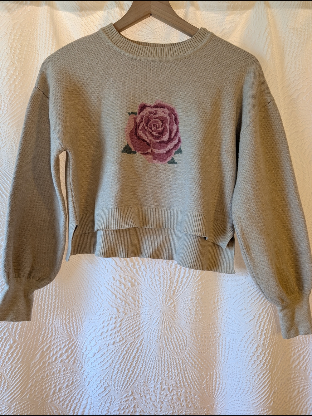 Pink Rose Graphic Crop Sweater in Taupe and Pink